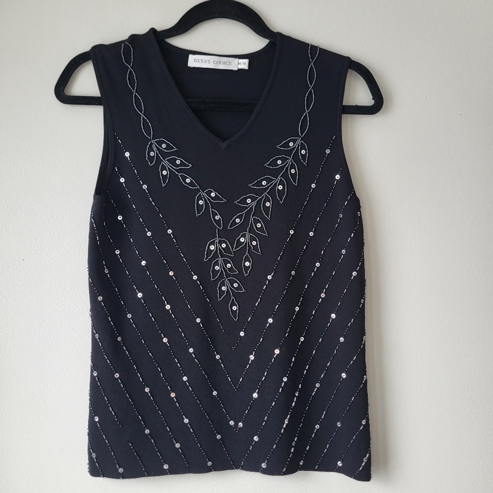 Beta's Choice Black Sleeveless Top with Silver And Black Embellishments